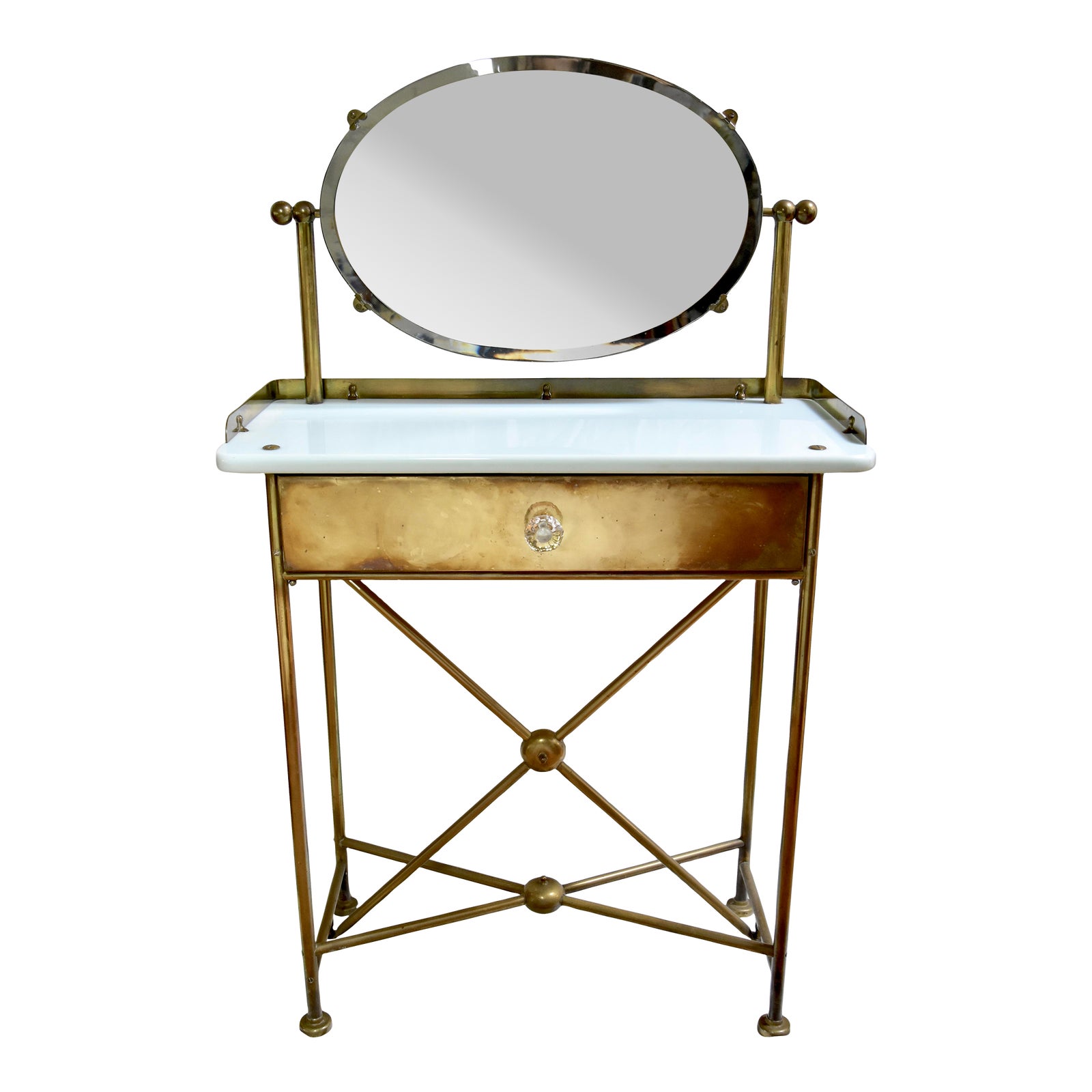 1930s Art Deco French Brass & Glass Vanity Dressing Table With Mirror