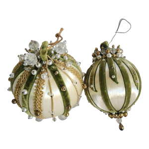 Vintage Set of 2 Green and Cream Ribbon and Beads Christmas Ornaments