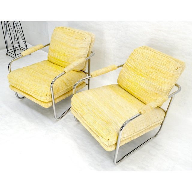 Pair Bent Tube Frame Mid Century Modern Lounge Chairs Baughman Cassina Style For Sale - Image 10 of 14