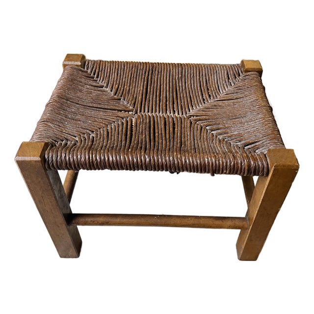 Vintage Wood and Wicker Scandinavian Petite Stool For Sale