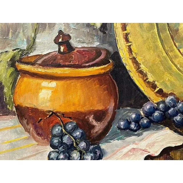 Green Vintage Champagne Bottle With Grapes Still Life Oil Painting by 20th Century Artist, 1985 Circa For Sale - Image 8 of 12