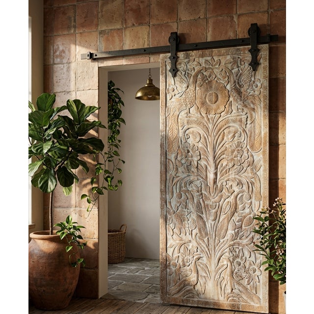Brown Hand-Carved Tree of Life Wall Panel – Blue Washed Rustic Wood Art, Vintage Barn Door 80 For Sale - Image 8 of 8