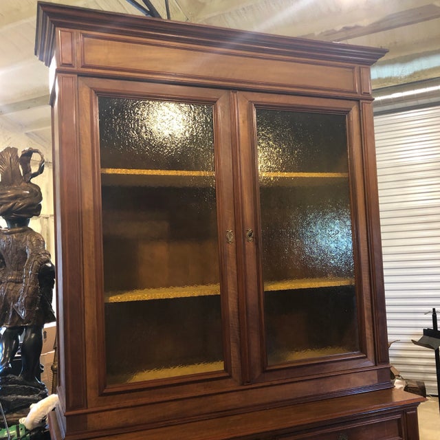 French Mid-19th Century Louis Philippe Buffet à Deux Corps In Walnut With Textured Amber Glass Panels, can be replaced to...