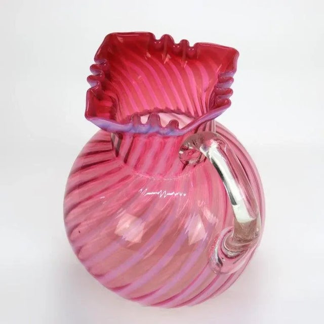 Glass Cranberry & Opalescent Swirled Glass Juice Pitcher With Ruffled Rim 20thC For Sale - Image 7 of 9