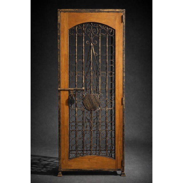 Late 20th Century Late 20th Century Tall Iron & Wood Wine Cabinet / Bar Display (72” H X 25” W X 15” D) With Locking Door & Scrollwork Front For Sale - Image 5 of 8