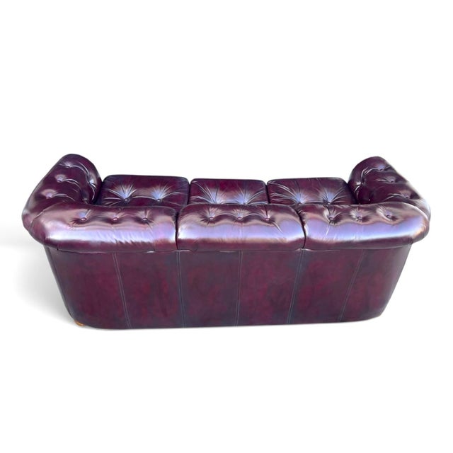 1980s Classic Oxblood Leather English Club Sofa With Tufted Back & Brass Trim For Sale - Image 11 of 11