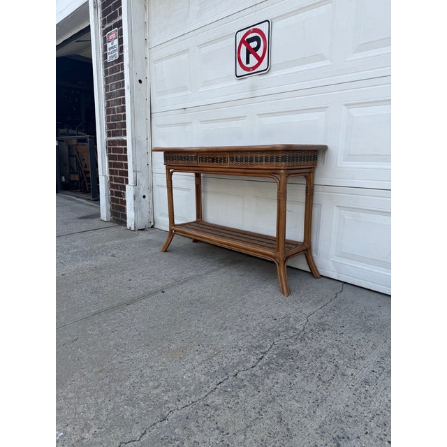 Vintage Boho Rattan & Wicker Console Table With Drawer and Woven Shelf For Sale - Image 4 of 12