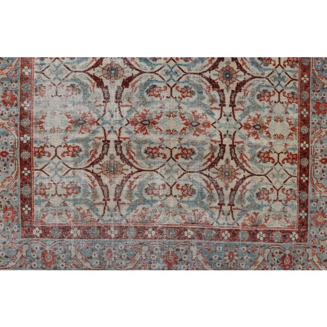 Antique Persian Tabriz Floral Circular Design in Ivory, Lt. Blue, Red, Brown 7'3 X 11'3 For Sale - Image 9 of 18