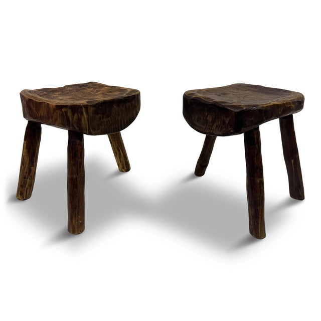Rustic Brutalist Tripod Stools in Elm, 1960s, Set of 2 For Sale - Image 17 of 17
