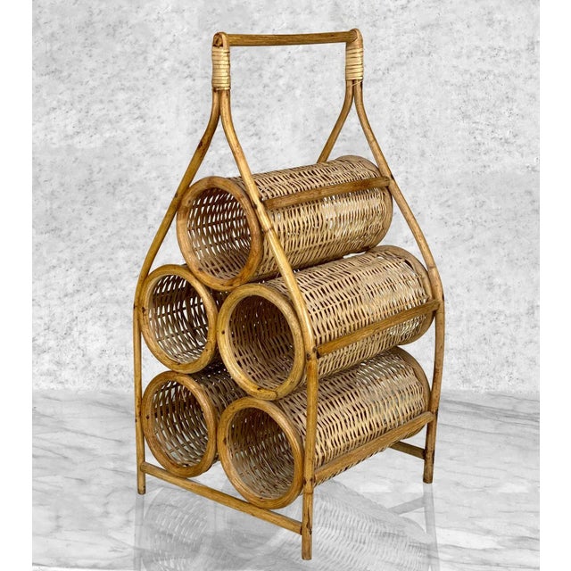 Mid-Century Modern Vintage Boho Coastal Rattan Wicker Sculptural Wine Bottle Rack Holder For Sale - Image 3 of 13