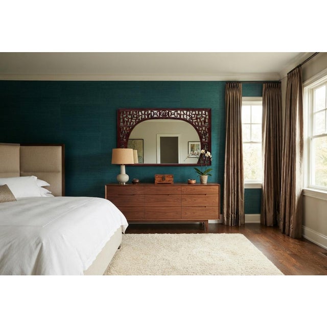 Chinese Reddish Brown Stain Geometric Scenery Carving Wood Frame Wall Mirror For Sale - Image 9 of 12
