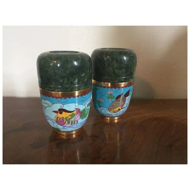 Metal Chinese Jadeite Cups or Boxes & Covers Mounted With Cloisonne Exterior Decorated With Birds & Fish - a Pair For Sale - Image 7 of 11