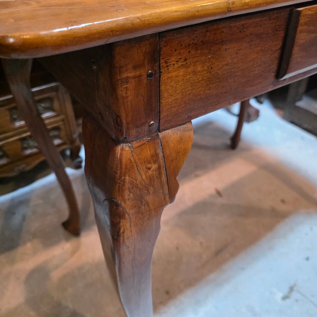 Antique Provincial Queen Anne Cabriole-Leg Writing Table in Warm Patinated Wood With Brass Ring Pull, Circa 1780–1830 For Sale - Image 13 of 17