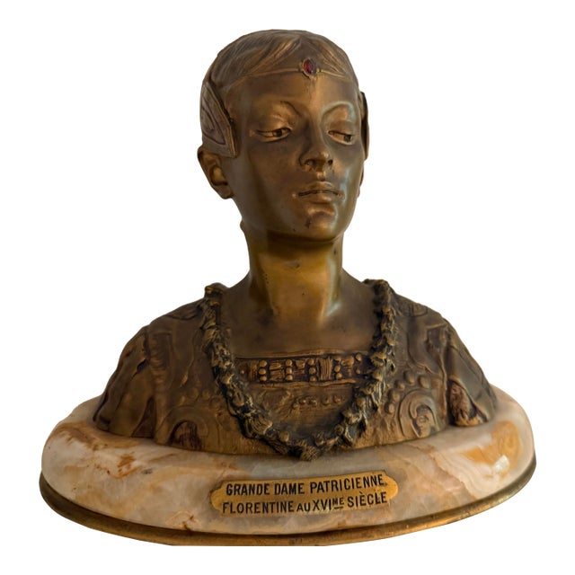 19th-Century Grande Dame Patricienne Florentine Au XVIme Siècle Roland Grange-Colombo Bronze & Marble Bust For Sale