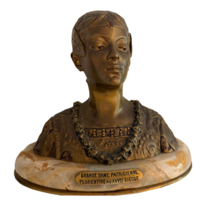 19th-Century Grande Dame Patricienne Florentine Au XVIme Siècle Roland Grange-Colombo Bronze & Marble Bust