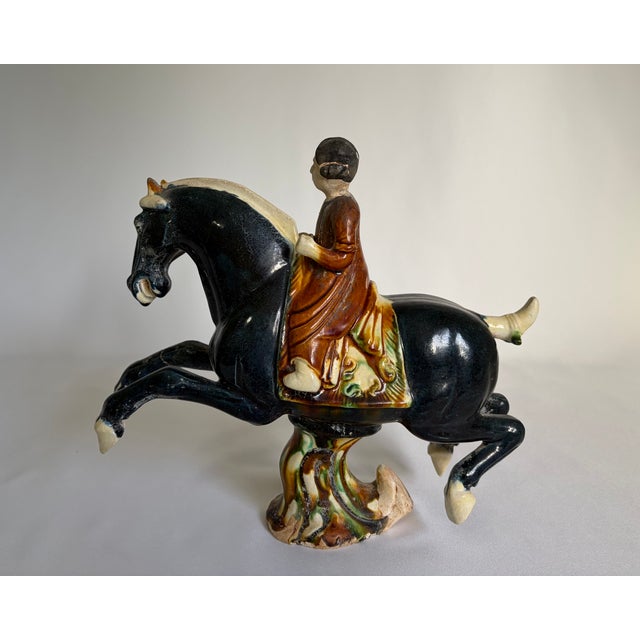Chinoiserie Chinese Tang-Style Sancai Glazed Horse and Rider Figurines - Pair For Sale - Image 3 of 10