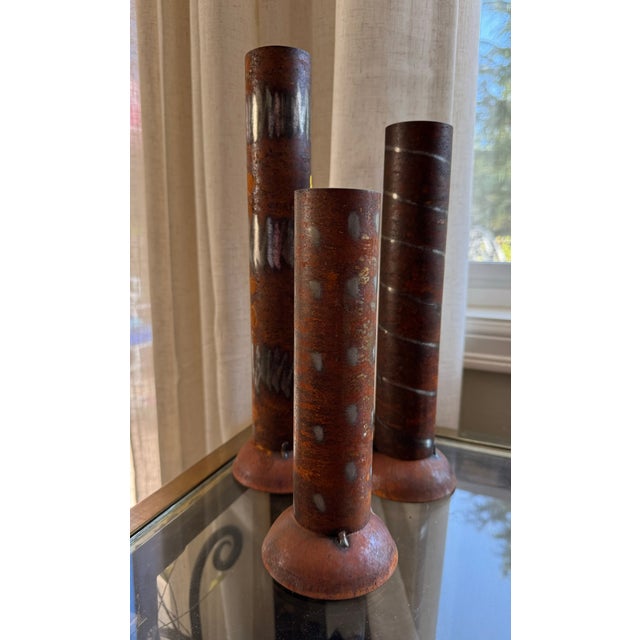 One of a kind folk art, Brutalist style, rustic and hand forged; here is a set of three unique home accent objects that...