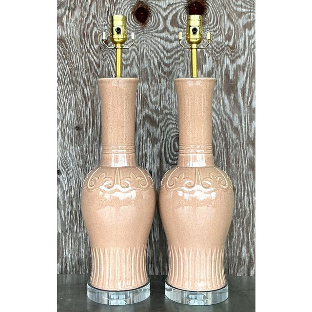 Vintage Mid-Century Modern Glazed Ceramic Lamps - a Pair For Sale - Image 4 of 9