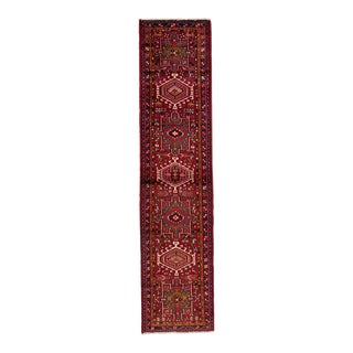1960s Vintage Persian Heriz Red Handmade Medallion Wool Runner For Sale