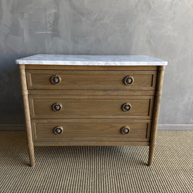 Marie Classic White Oak 3 Drawer Night Stand With White Marble Top Montana Brown For Sale - Image 4 of 14