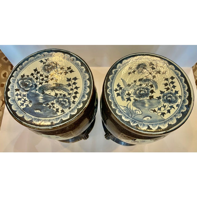 Brown Pair Antique Chinese Brown Glaze With Blue & Withe Decor Garden Stools For Sale - Image 8 of 16