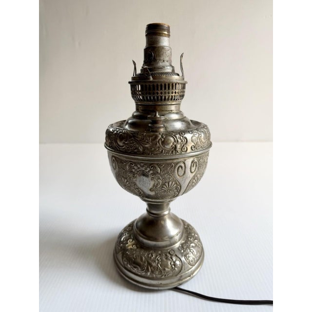 The Meteor Silver Repousse Antique Oil Lamp, Converted to Electric For Sale - Image 18 of 18