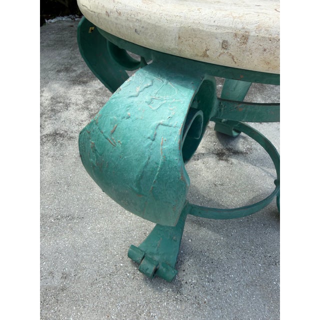 Metal Vintage Hand-Painted Iron Petite Cocktail Table With Tessellated Travertine Top For Sale - Image 7 of 11