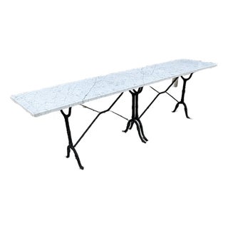 1940s Long Vintage French Art Deco Double Base Cast Iron Carrara Marble Top Bistro Table or Dining Table For Sale