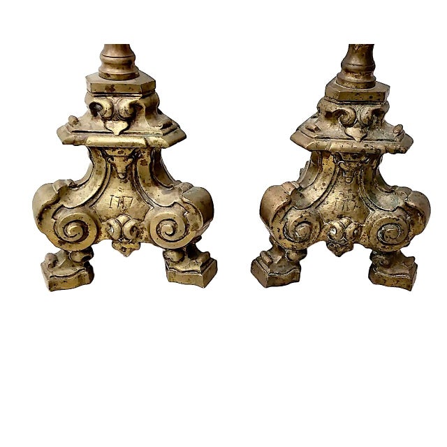 A Pair of Early 18th-Century Brass Altar/Mantel Candle Holders For Sale - Image 9 of 11