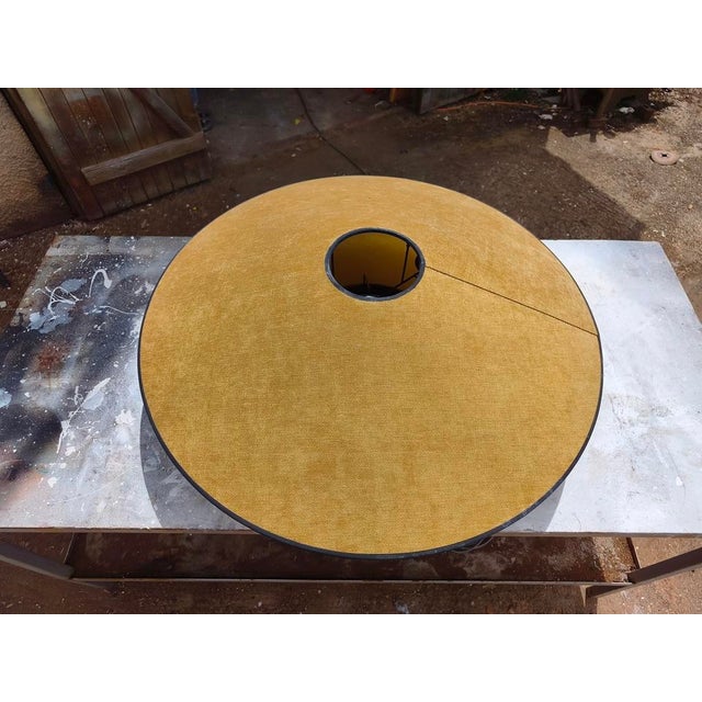 Jebbe Scheib pendant light, manufactured by Forestier, Cymbal model, velvet and fabric upholstery, bronze color, no...