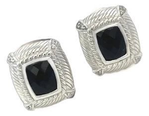 1990s Judith Ripka Estate Onyx Omega Back Earrings Sterling Silver 14 Grams, A Pair