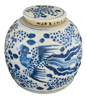 Chinoiserie Porcelain Large B & W Flying Phoenix Ginger Jar 11" H