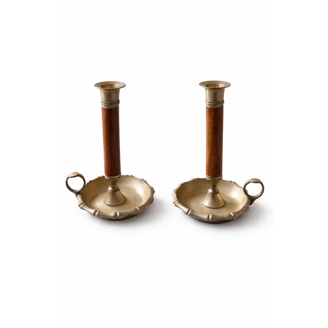 Brown Mid-Century Modern Brass and Wood Chamber Candlesticks with Ring Handle, 1950, Set of 2 For Sale - Image 8 of 8