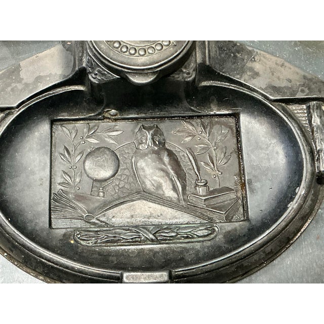 Art Deco 1930s French Art Deco Spelter Owl & Book Form Scholar’s Desk Inkwell For Sale - Image 3 of 5