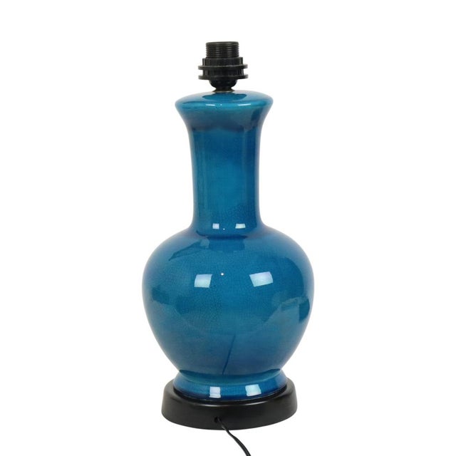 Beautiful large Italian lamp made of blue or turquoise glazed ceramic with a crackle effect, circa 1970s, marked Italy at...