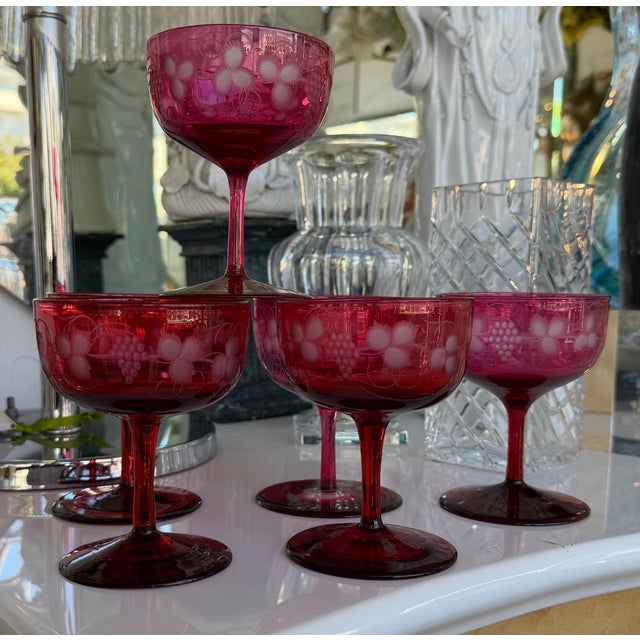 French Set of 6 Antique Baccarat Red to Clear Crystal Champagne Stems For Sale - Image 3 of 10