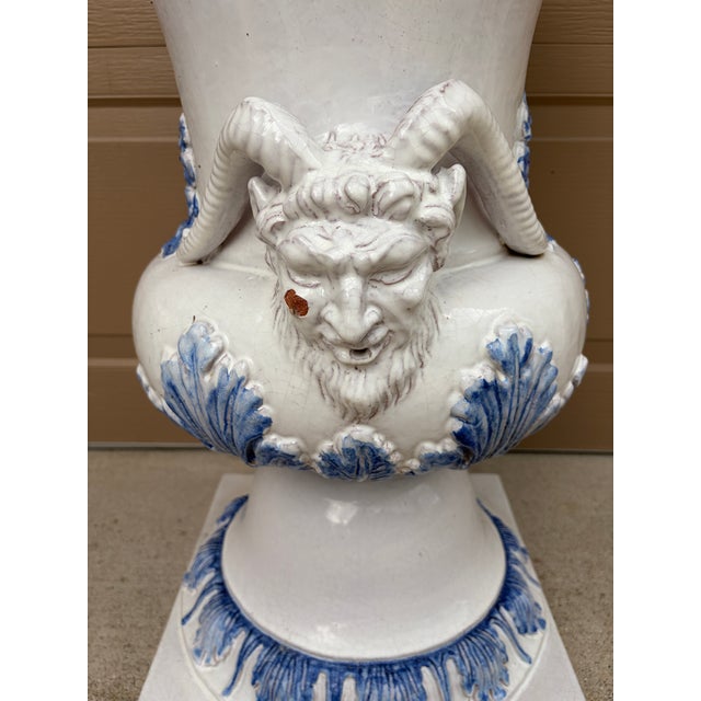 Monumental Blue & White Majolica Grecian Urn With Jupiter Ammon Motifs For Sale - Image 17 of 17