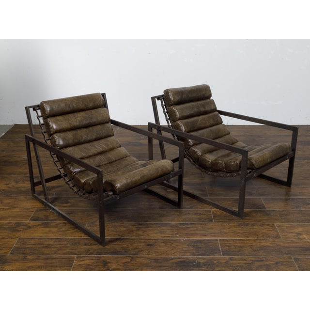 Metal Pair of Mid 20th Century Industrial Iron Sling Transat Chairs with Brown Leather For Sale - Image 7 of 12