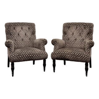 Chesterfield Armchairs in Gray Pattern Velvet, Set of 2 For Sale