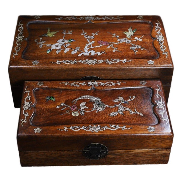 Pair of Huali Rosewood Nesting Boxes Inlaid With Mother-of-Pearl For Sale