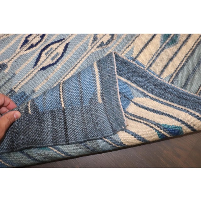 Vintage Zabihi Collection Abstract Blue Swedish Kilim - 4'10" x 6' For Sale - Image 4 of 12