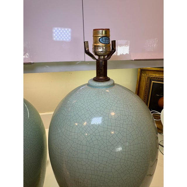 Late 20th Century Vintage Crackle Celadon Porcelain Lamps With Brass Base & Silk Shades – A Pair For Sale - Image 5 of 16