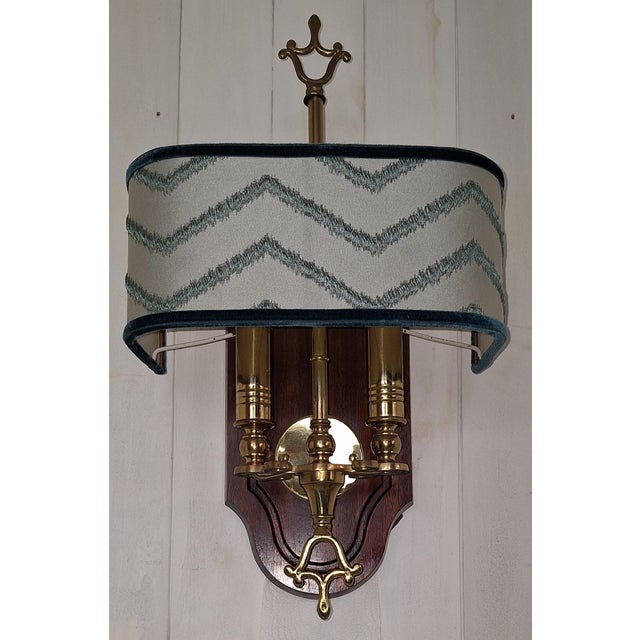 Vintage Wall Lamp with Mahogany Back Panel, Brass Frame and Fabric Shade, 1980s For Sale - Image 6 of 8