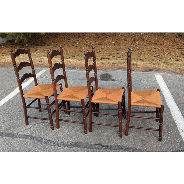 Vintage Set of Four Colonial-Style Ladderback Dining Chairs With Rush Seats | Farmhouse, Shaker, French Country Style For Sale - Image 4 of 10