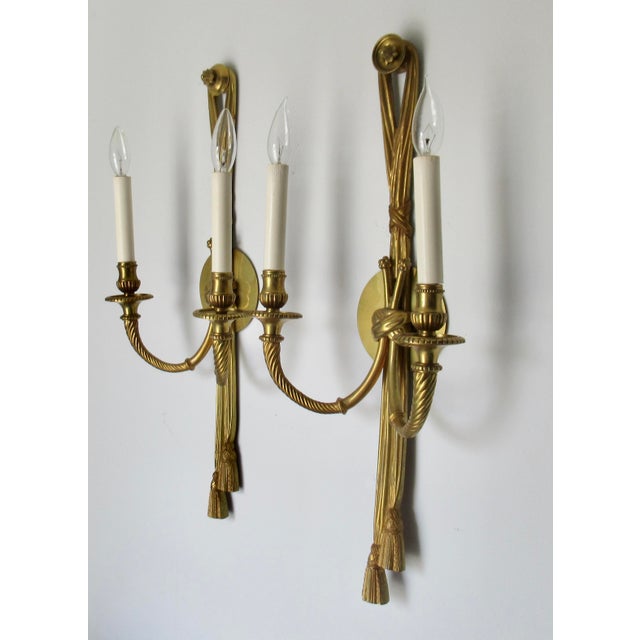 Vintage French 19th. Century Louis XVI Style Bronze Twin-Arm, Rope & Tassel Ormolu Wall Lighted Sconces -Pair For Sale In West Palm - Image 6 of 17