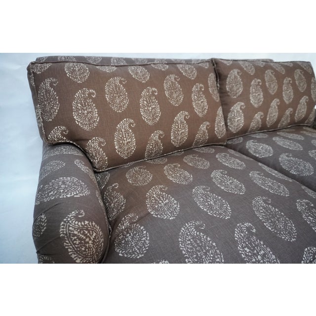 Wood Cambridge Loveseat Sofa in a Paisley Linen by Rooms & Gardens For Sale - Image 7 of 13