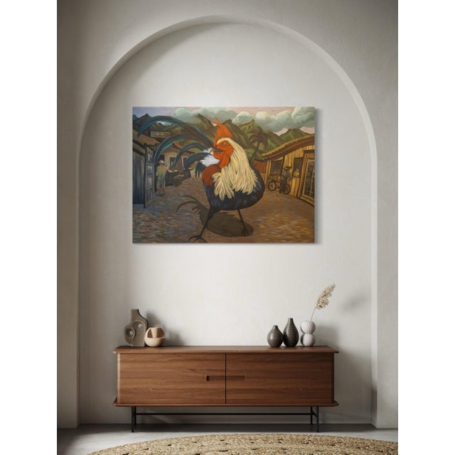 Marc Zimmerman "Make My Day" Oil Painting, Oversized Rooster in Village Street, Bold Scale, Cubist Architecture, Contemporary Art West Coast For Sale In Monterey, CA - Image 6 of 8