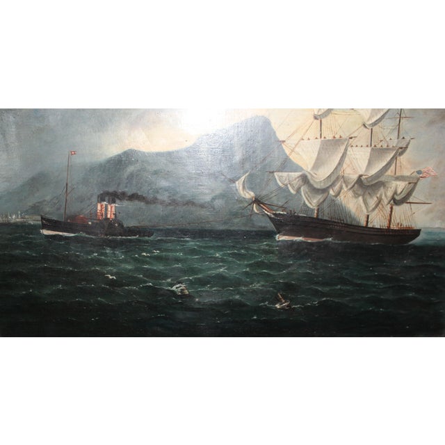 Blue American Sailing Vessel Off Gibraltar, Early 20th Century, Oil Painting on Canvas, Framed For Sale - Image 8 of 11