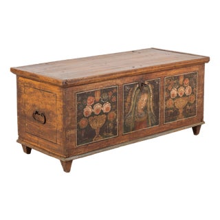 1836 Austrian Hand-Painted Folk Art Trunk With Madonna For Sale
