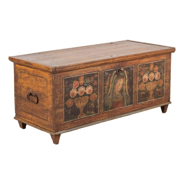 1836 Austrian Hand-Painted Folk Art Trunk With Madonna For Sale